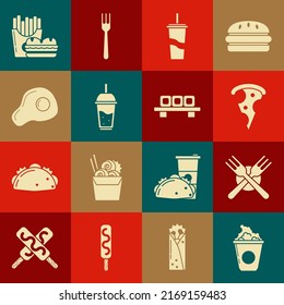 Set Popcorn in cardboard box, Crossed fork, Slice of pizza, Paper glass with drinking straw and water, Glass lemonade, Scrambled eggs, Burger french fries carton package and Sushi cutting icon. Vector