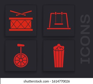 Set Popcorn in cardboard box, Drum with drum sticks, Swing and Unicycle or one wheel bicycle icon. Vector