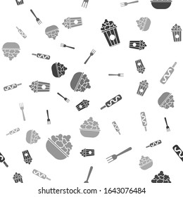 Set Popcorn in cardboard box, Fork, Ice cream and Popcorn in bowl on seamless pattern. Vector