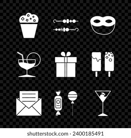 Set Popcorn in cardboard box, Grilled shish kebab, Festive mask, Envelope with invitation, Lollipop, Martini glass,  and Gift icon. Vector