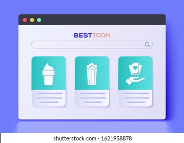 Set Popcorn in cardboard box, Ice cream in waffle cone and Hand holding playing cards icon. Vector