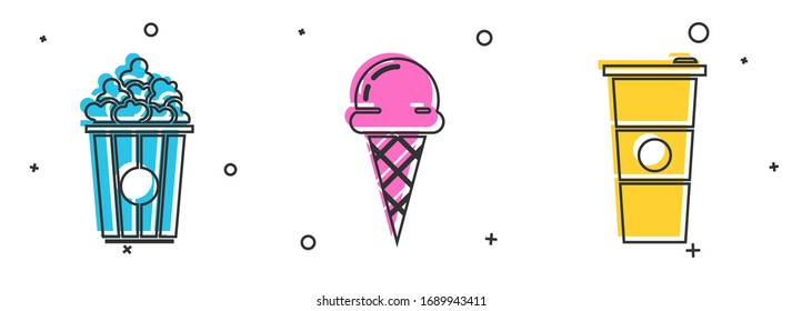 Set Popcorn in cardboard box, Ice cream in waffle cone and Paper glass and water icon. Vector
