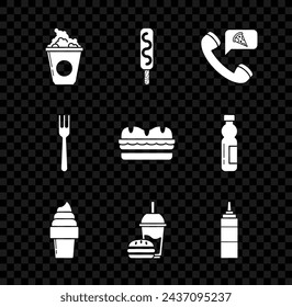 Set Popcorn in cardboard box, Ice cream, Food ordering pizza, waffle cone, Paper glass with drinking straw and burger, Sauce bottle, Fork and Sandwich icon. Vector