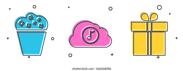 Set Popcorn in cardboard box , Music streaming service  and Gift box  icon. Vector
