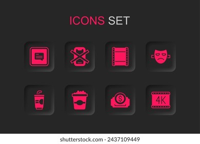 Set Popcorn in cardboard box, No cell phone, Video with subtitles, Cinema ticket, Drama theatrical mask, 4k movie, Play video and Paper glass water icon. Vector