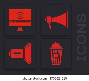 Set Popcorn in cardboard box , Online play video , Megaphone  and Movie spotlight  icon. Vector