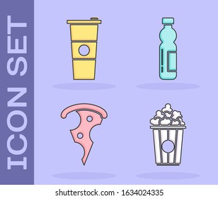 Set Popcorn in cardboard box, Paper glass and water, Slice of pizza and Bottle of water icon. Vector