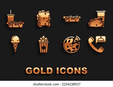 Set Popcorn in cardboard box, Paper glass and taco with tortilla, Food ordering, Pizza, Ice cream waffle cone, Hotdog sandwich mustard, drinking straw hotdog and Sandwich icon. Vector