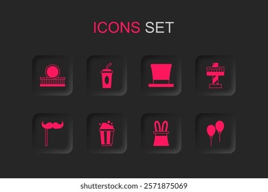 Set Popcorn in cardboard box, Paper glass with water, Roller coaster, Magician hat and rabbit ears, Attraction carousel, Balloons ribbon, Cylinder and mustache stick icon. Vector