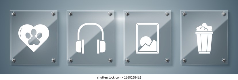 Set Popcorn in cardboard box, Picture landscape, Headphones and Heart with animals footprint. Square glass panels. Vector