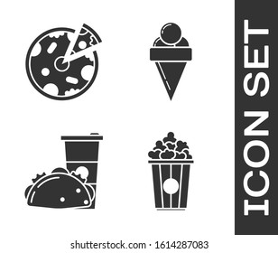 Set Popcorn in cardboard box, Pizza, Paper glass and taco with tortilla and Ice cream in waffle cone icon. Vector