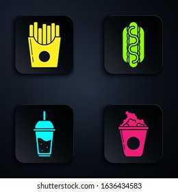 Set Popcorn in cardboard box, Potatoes french fries in carton package box, Glass of lemonade with drinking straw and Hotdog sandwich with mustard. Black square button. Vector