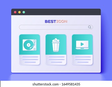 Set Popcorn in cardboard box, Vinyl player with a vinyl disk and Online play video icon. Vector