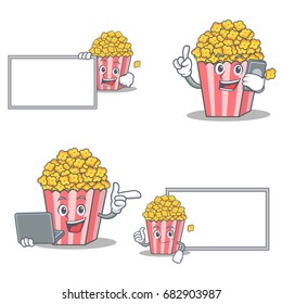 Set of Popcorn character with board phone laptop pose