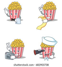 Set of Popcorn character with waiter menu photo binocular