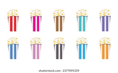 Juego de palomitas. cajas de palomitas coloridas aisladas en fondo blanco