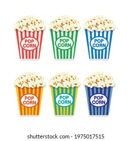 Set of popcorn in different paper colors isolated on white background. Food concept. Movie icon. Vector stock