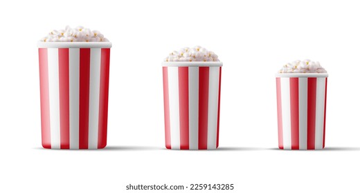 A set of popcorn of different sizes for watching a movie. 3d cardboard buckets with red lines on filled with popcorn. Modern illustration for advertising. Senecs for watching a movie or leisure.