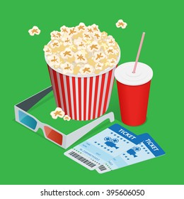 Set popcorn, drink, 3d glasses realistic vector isometric illustration. Cinema concept with movie cinema elements. 