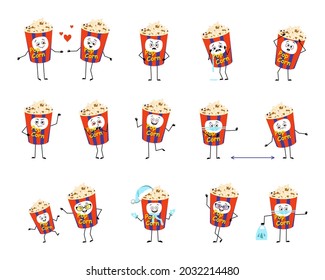 Set of popcorn in a holiday box characters with emotions, face, hands and legs. Happy or sad snack for cinema and films falls in love, keeps distance in a mask, dances in a Santa hat