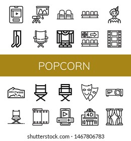 Set of popcorn icons such as Entertainment, Leotard, Projector, Directors chair, Movie, Theater, Clown, Film, Hollywood, Director chair, Movie theater, Theatre , popcorn