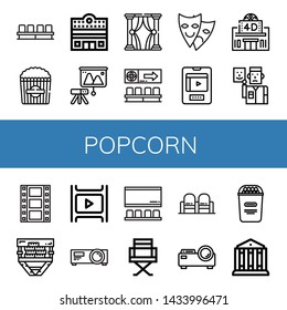 Set of popcorn icons such as Movie, Popcorn, Cinema, Projector, Theatre, Theater, Entertainment, Movie theater, Actor, Film, Director chair , popcorn