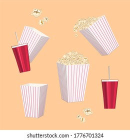 Set of popcorn, isolated on orange background. Vector illustration popcorn background for cinema, movie, film, food, theater, design.	