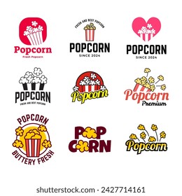 Set of Popcorn logo badge with illustration of popcorn in bucket isolated on white background