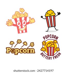Set of Popcorn logo badge with illustration of popcorn in bucket isolated on white background