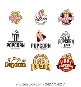 Set of Popcorn logo badge with illustration of popcorn in bucket isolated on white background