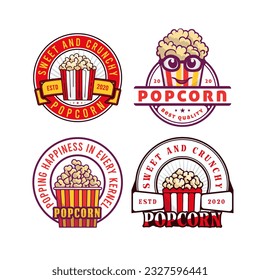 Set of popcorn shop logo badges and labels. Popcorn labels and badge collections.