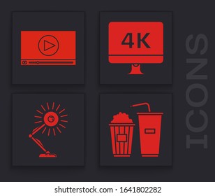 Set Popcorn and soda drink glass, Online play video , Computer PC monitor with 4k video technology  and Table lamp  icon. Vector