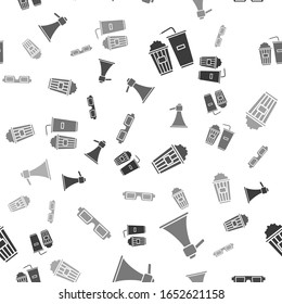 Set Popcorn and soda drink glass, Megaphone , Popcorn in cardboard box  and 3D cinema glasses  on seamless pattern. Vector