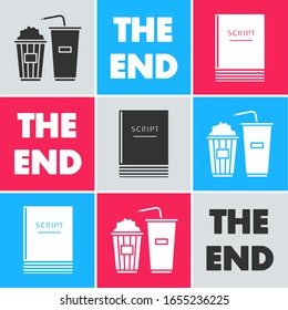 Set Popcorn and soda drink glass, The End handwritten inscription  and Scenario  icon. Vector