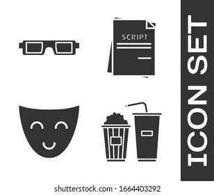 Set Popcorn and soda drink glass, 3D cinema glasses , Comedy theatrical mask  and Scenario  icon. Vector
