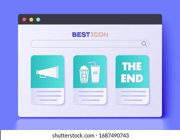Set Popcorn and soda drink glass, Megaphone  and The End handwritten inscription  icon. Vector