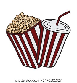 Set of popcorn and soda drink with straw in red and white striped carton disposable packages isolated on white. Hand drawn vector sketch illustration in doodle engraved line art vintage style