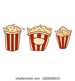 Set popcorn stripe bucket.Cinema snack fast food. Sketch style vector.Isolated on white background. Hand drawn movie illustration in cartoon doodle style.