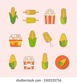 Set of popcorn, sweet corn and grilled corn icons. Flat style. Vector illustration, eps 10