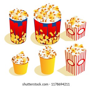 a set of popcorns in different cups.  Isometric 3d