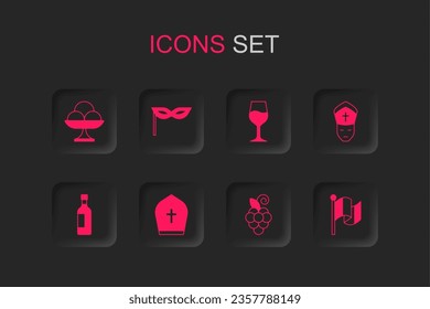 Set Pope hat, Carnival mask, Ice cream in the bowl, Grape fruit, Flag Italy, Wine glass and Bottle of wine icon. Vector