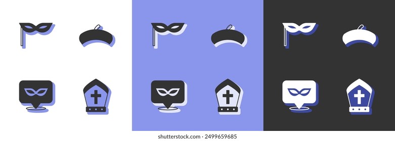 Set Pope hat, Carnival mask,  and French beret icon. Vector