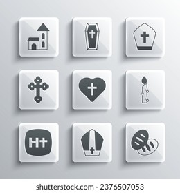 Set Pope hat, Christian bread, Burning candle, cross heart, Church building and  icon. Vector