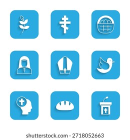 Set Pope hat, Christian bread, Church sermon tribune, Dove, Priest, Nun, Basket with easter eggs and Willow leaf icon. Vector