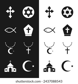 Set Pope hat, Christian fish, cross, Star of David, and crescent on chain,  and Church building icon. Vector