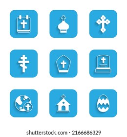 Set Pope hat, Church building, Easter egg, Grave with tombstone, Christian cross globe,  and Calendar icon. Vector