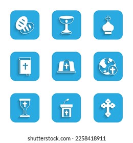 Set Pope hat, Church sermon tribune, Christian cross, with globe, chalice, Holy bible book, church tower and bread icon. Vector