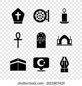 Set Pope hat, Dharma wheel, Burning candle, Kaaba mosque, Star crescent, Hands praying position, Cross ankh and Easter cake icon. Vector