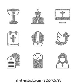 Set Pope hat, Easter cake, Nun, Dove, Holy bible book, Calendar with, Christian cross on monitor and chalice icon. Vector