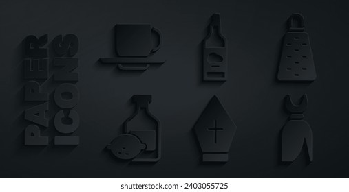 Set Pope hat, Grater, Limoncello bottle, Woman dress, Bottle of olive oil and Coffee cup icon. Vector